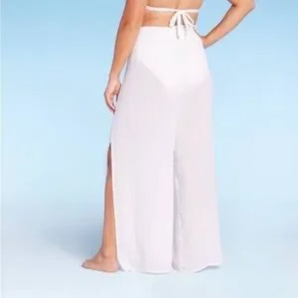 New Kona Sol Smocked Waist Side Slit Cover Up Pants White Sheer Opaque Gauzy Med - Picture 2 of 5